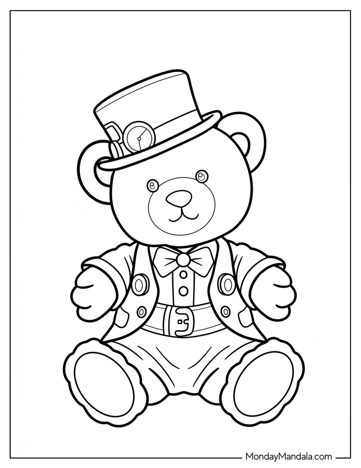 Dapper Teddy Bear Coloring Pages in Top Hat for Kids