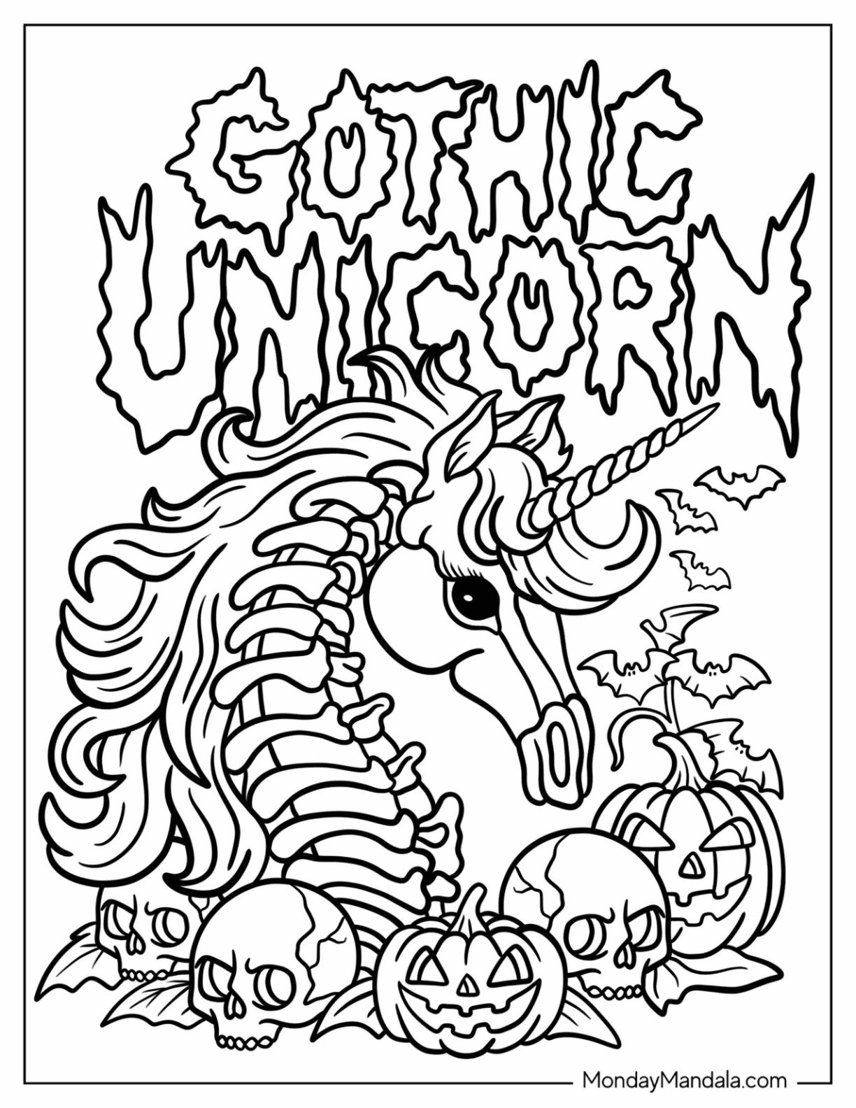 Halloween Coloring Page for Adults of Dark Fantasy Gothic Unicorn with Pumpkins and Creepy Skulls