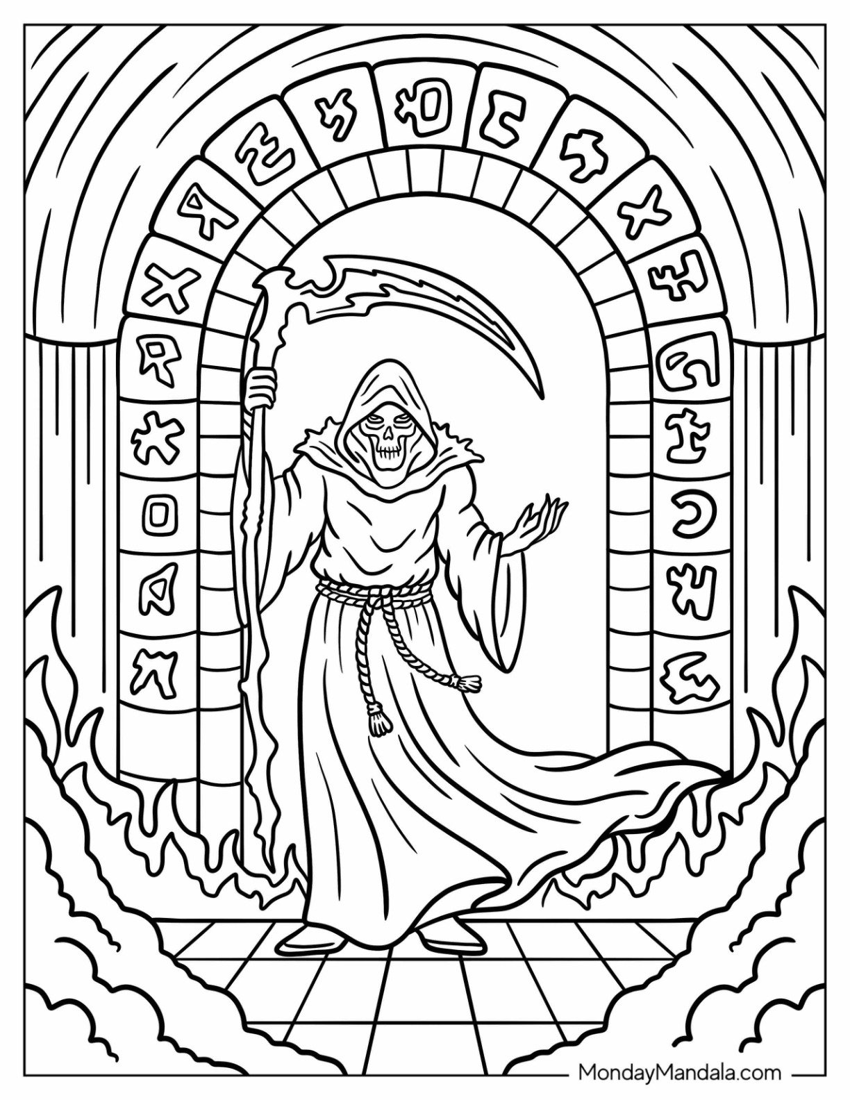 Dark Grim Reaper Coloring Page Performing Sorcery in Ruins