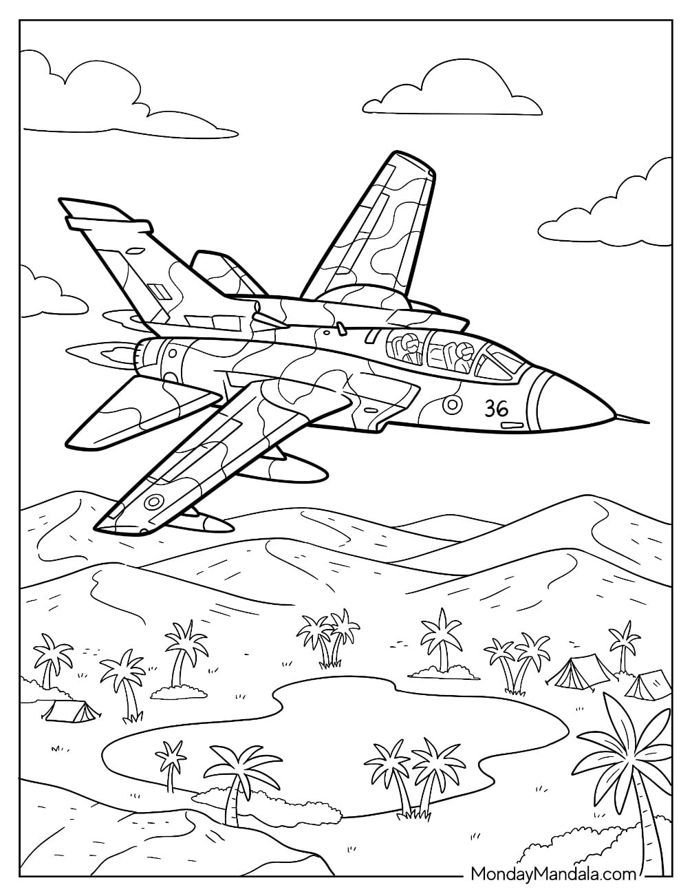 Dassault Mirage 2000 Fighter Jet Flying Over a Tropical Island Coloring Page