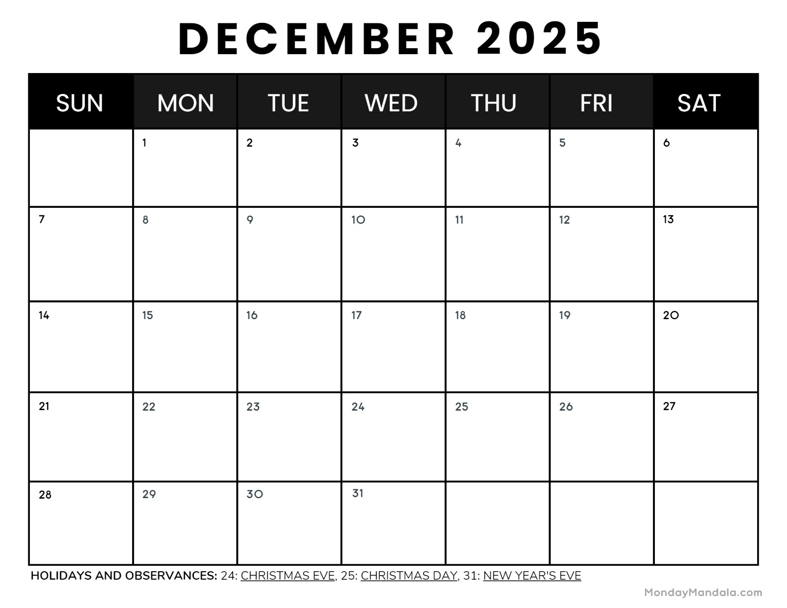 December 2025 Calendar 52 Free PDF Printables 