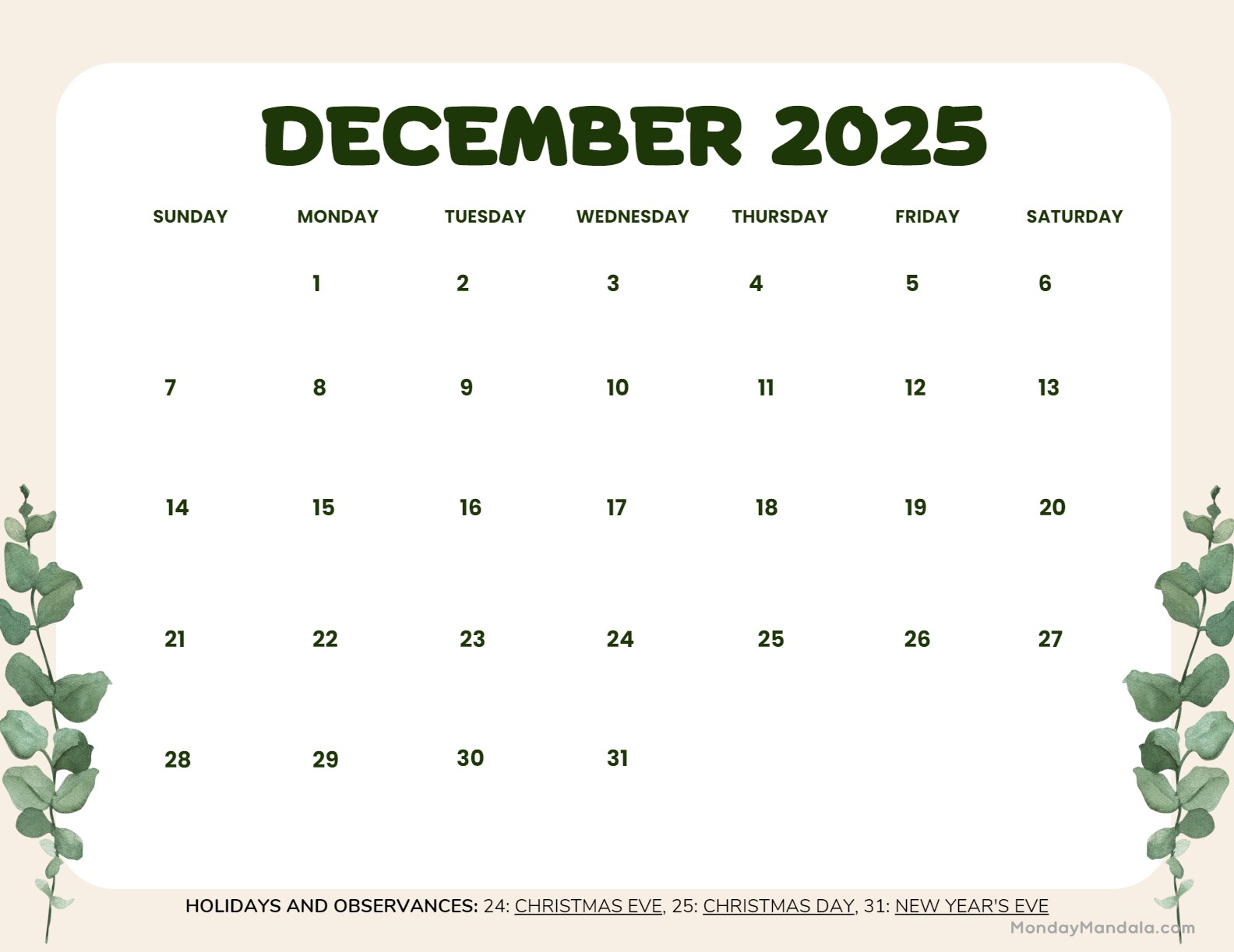 December 2025 Calendar 52 Free PDF Printables 