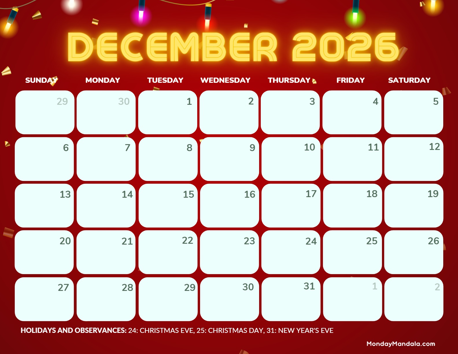 December 2026 Calendars 52 Free PDF Printables 
