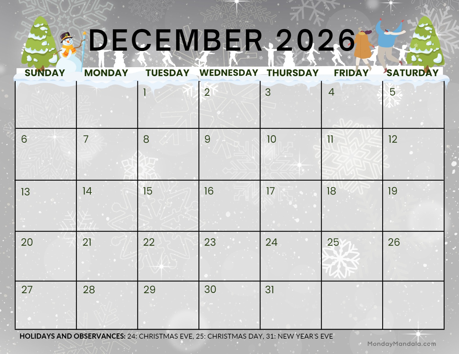 December 2026 Calendars 52 Free PDF Printables 