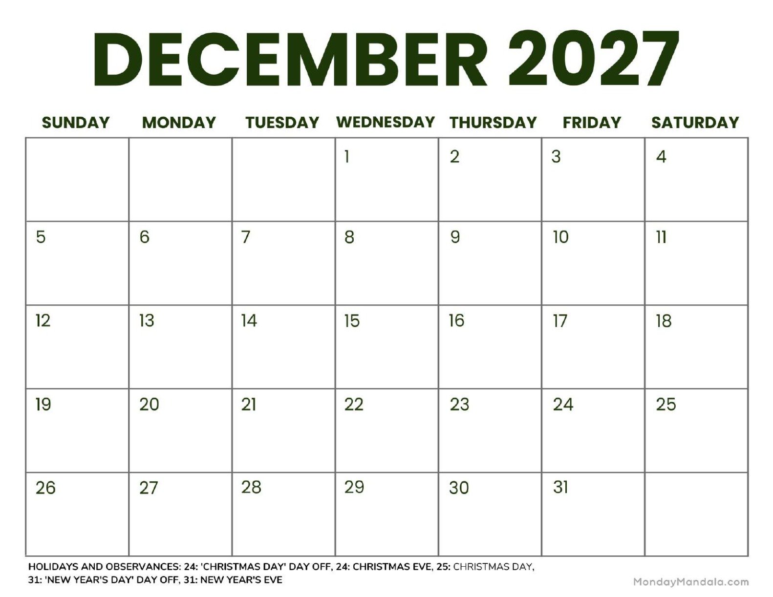 December 2027 Calendar Printable Business 2 Landscape