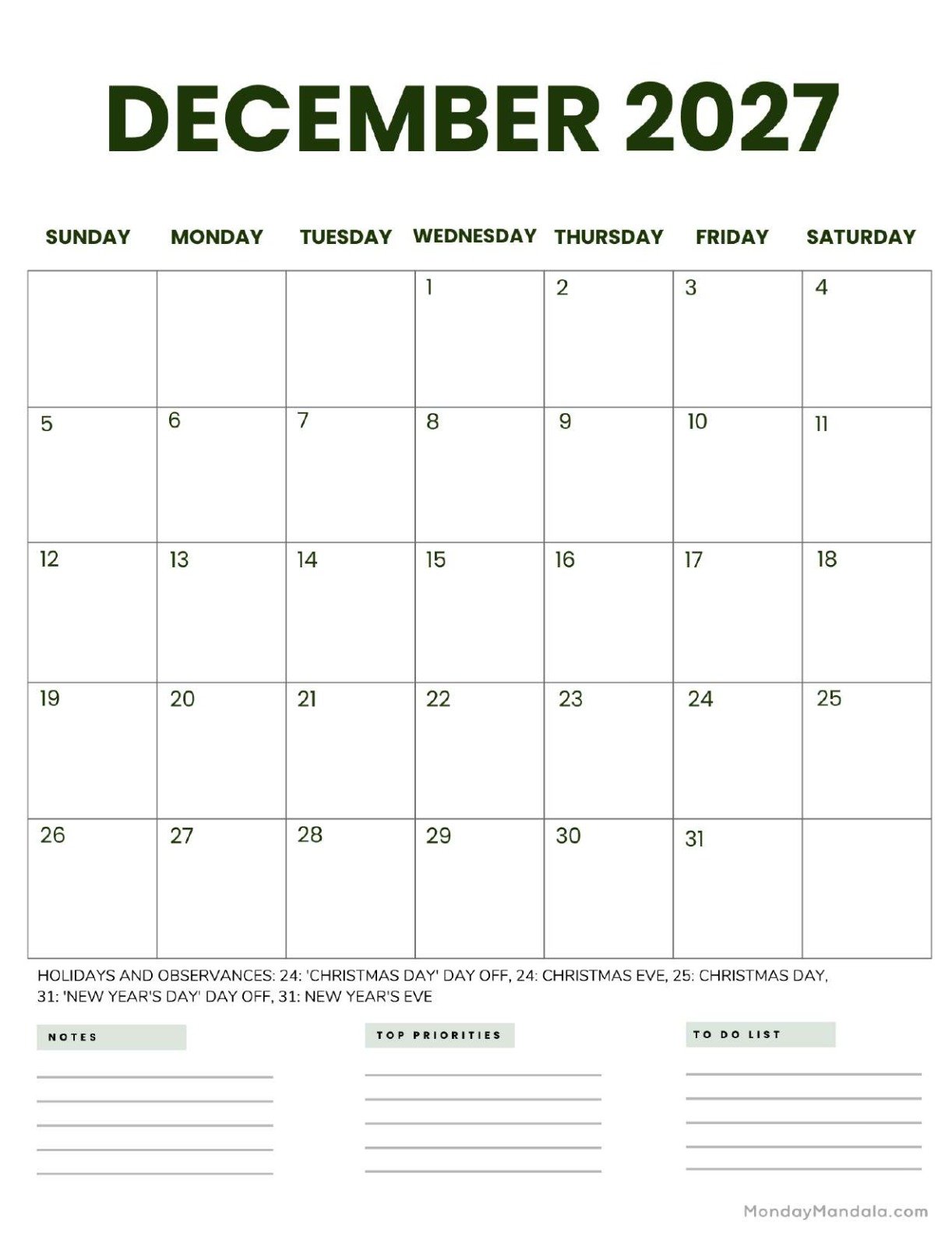 December 2027 Calendar Printable Business 2 Portrait