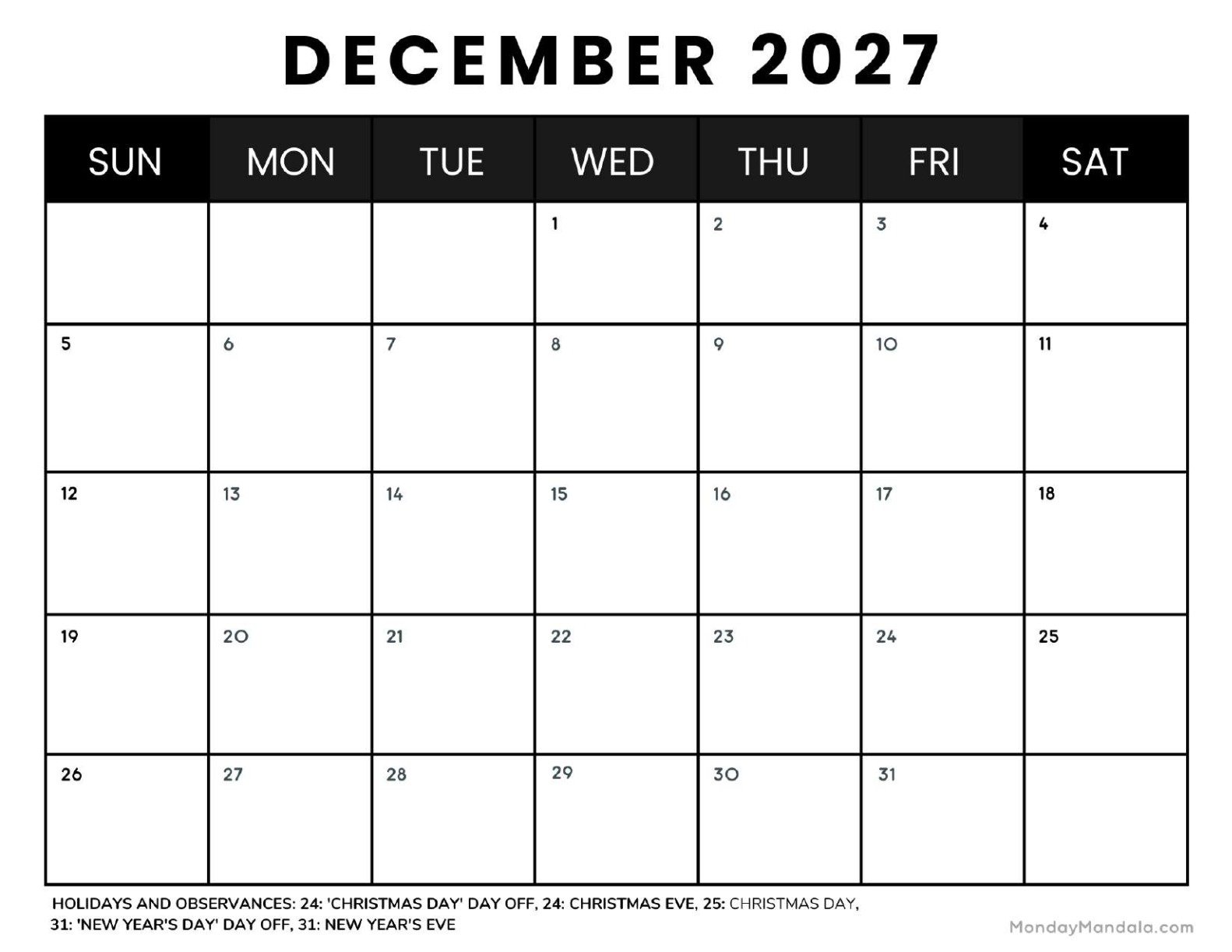 December 2027 Calendar Printable Business 4 Landscape
