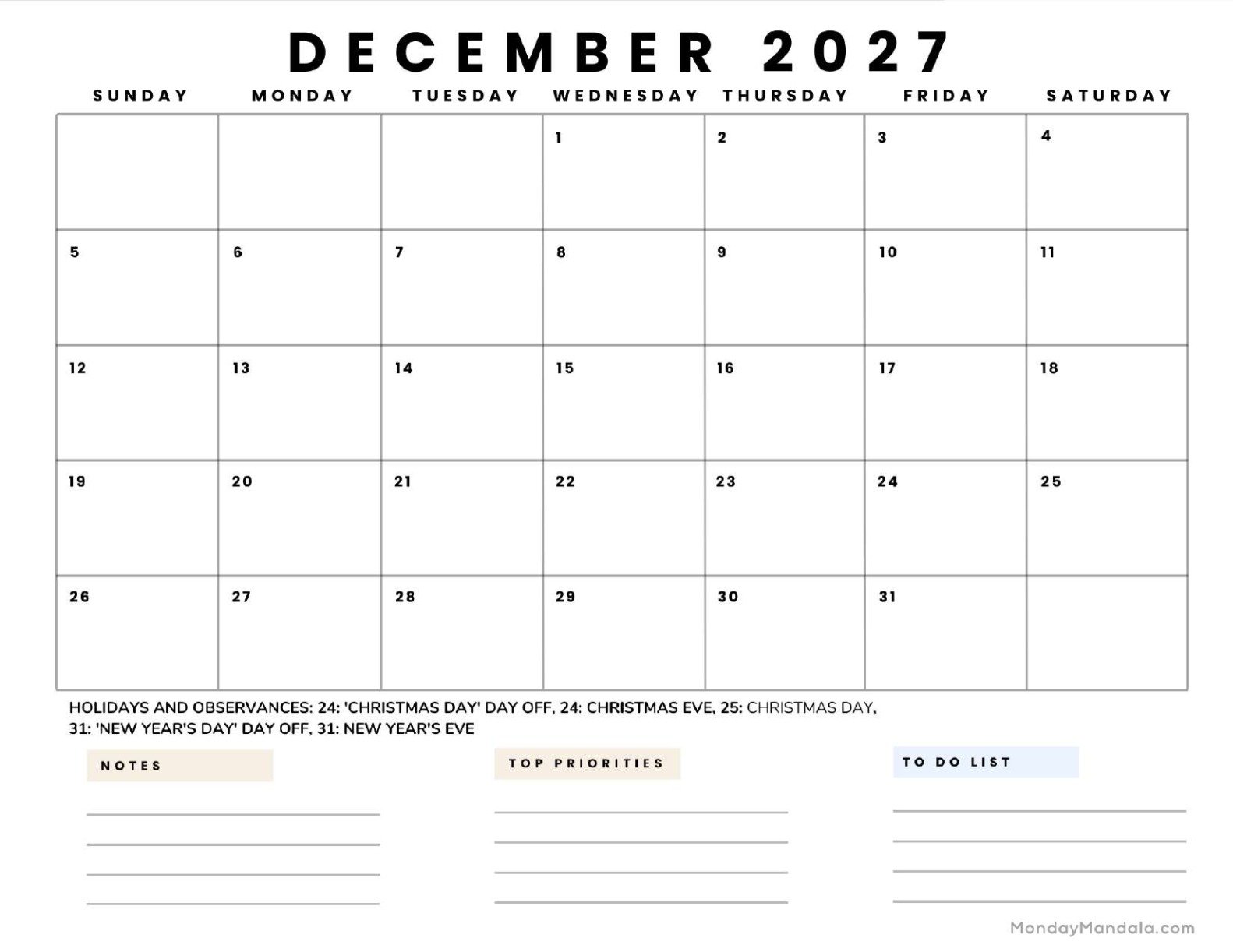 December 2027 Calendar Printable Business 5 Landscape
