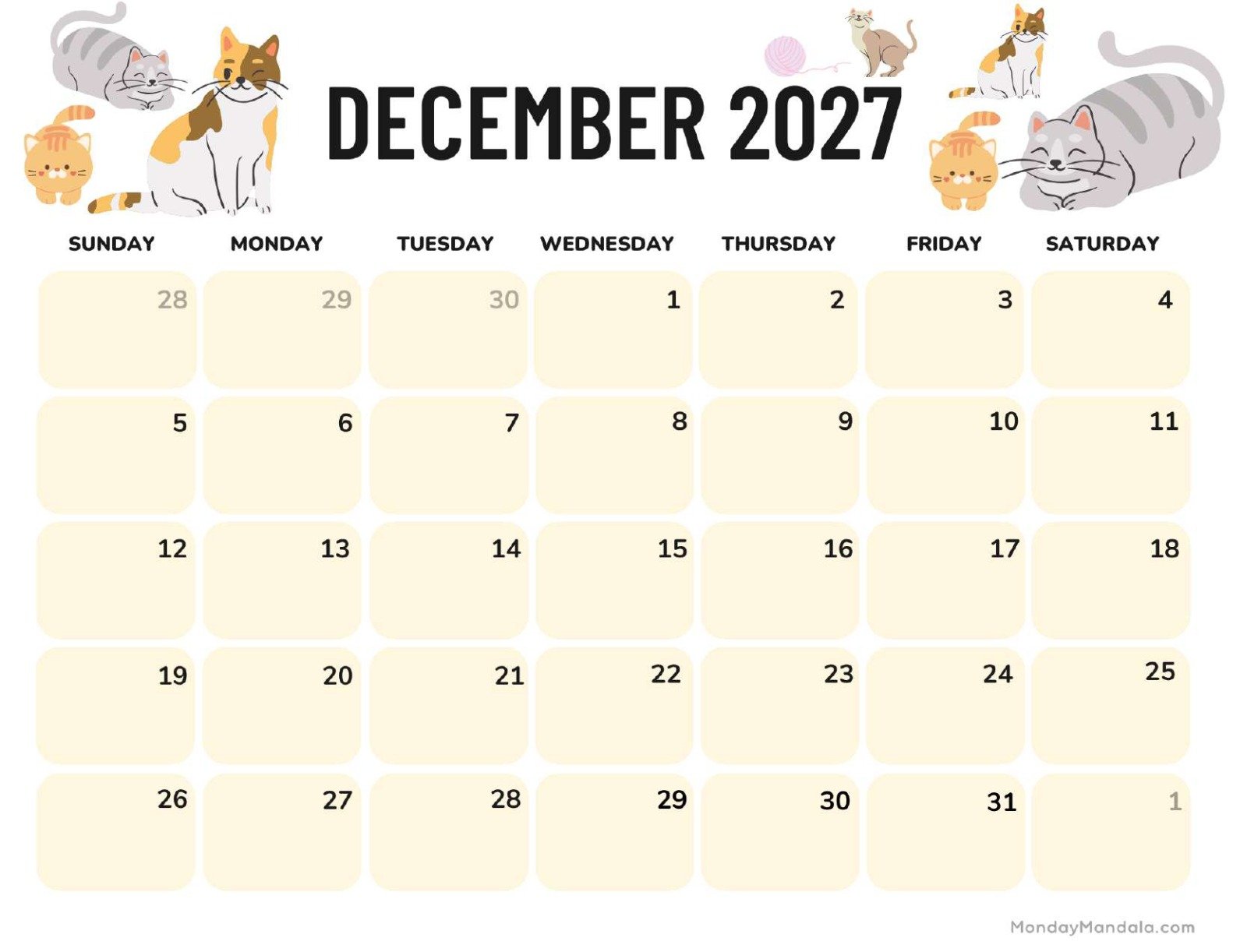 December 2027 Calendar Printable Cats Landscape
