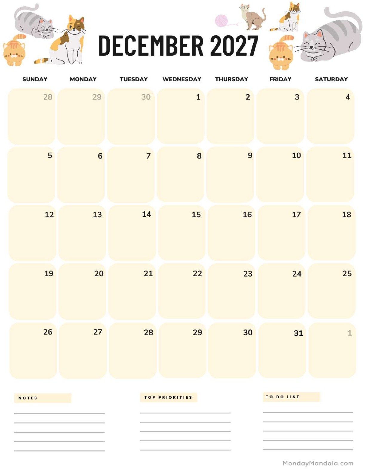 December 2027 Calendar Printable Cats Portrait