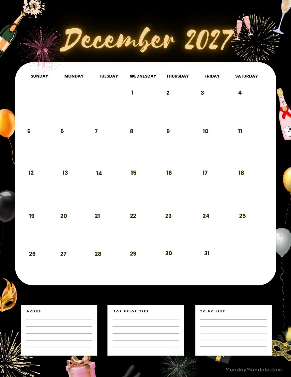 December 2027 Calendar Printable Celebration Portrait
