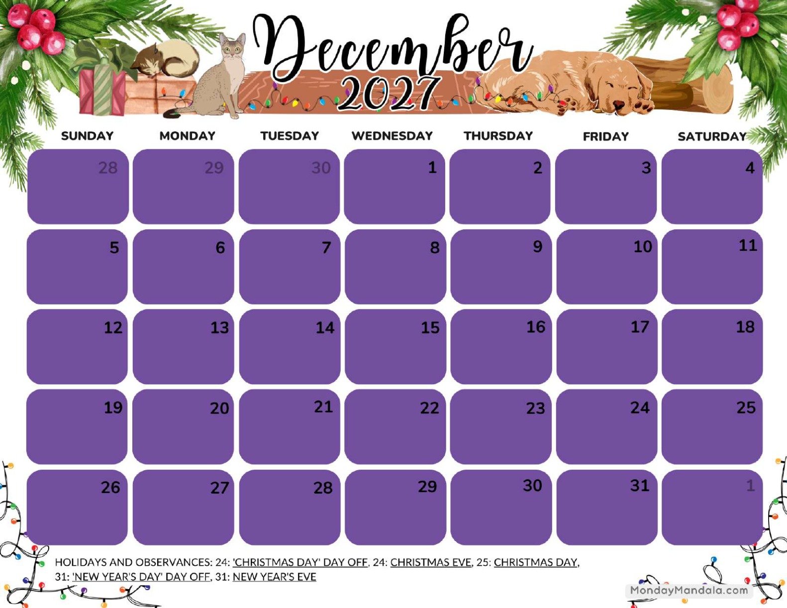 December 2027 Calendar Printable Christmas Landscape