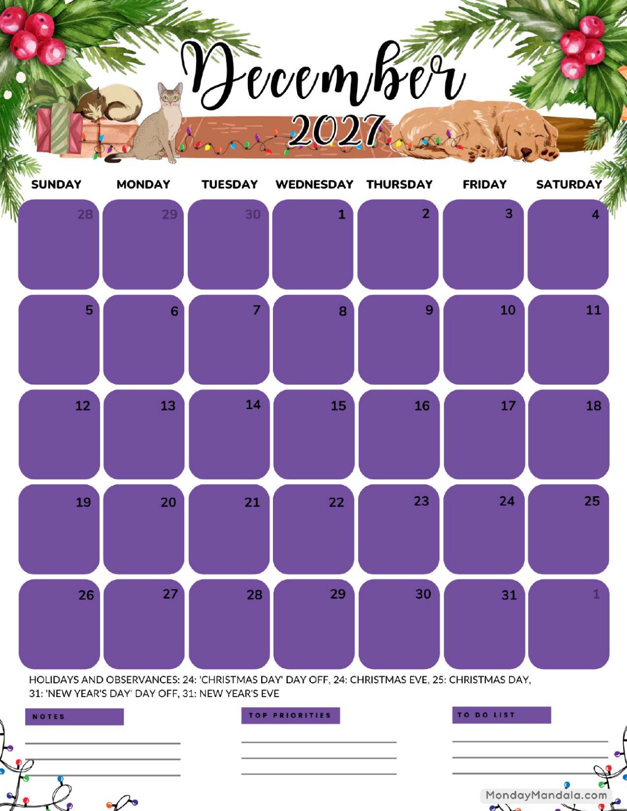 December 2027 Calendar Printable Christmas Portrait