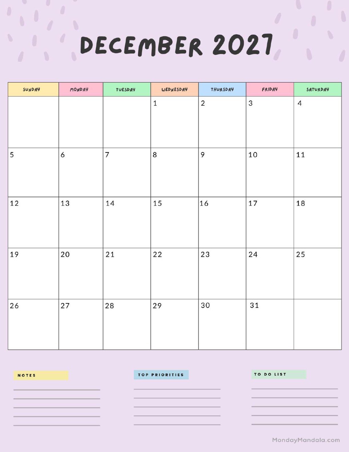 December 2027 Calendar Printable Colorful Portrait