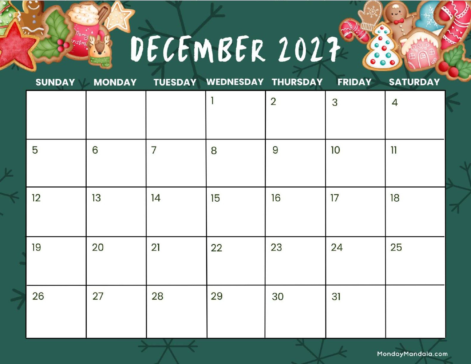 December 2027 Calendar Printable Cookies Landscape
