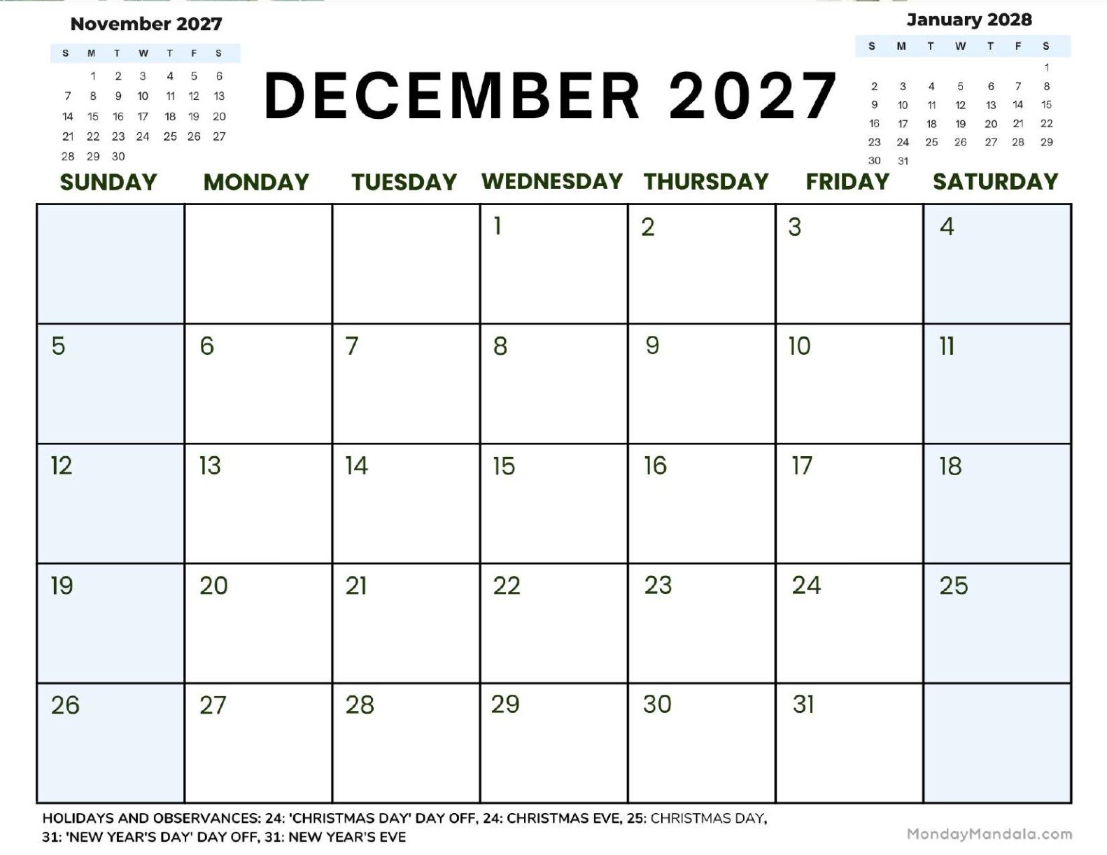 December 2027 Calendar Printable Corporate 2 Landscape