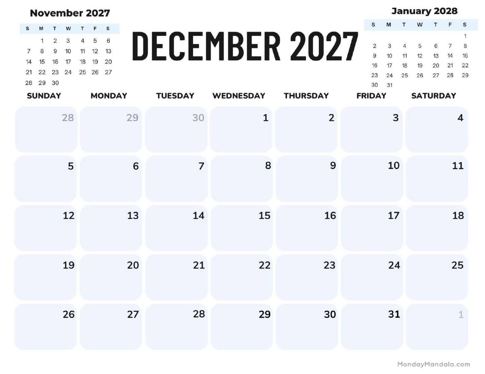 December 2027 Calendar Printable Corporate Landscape