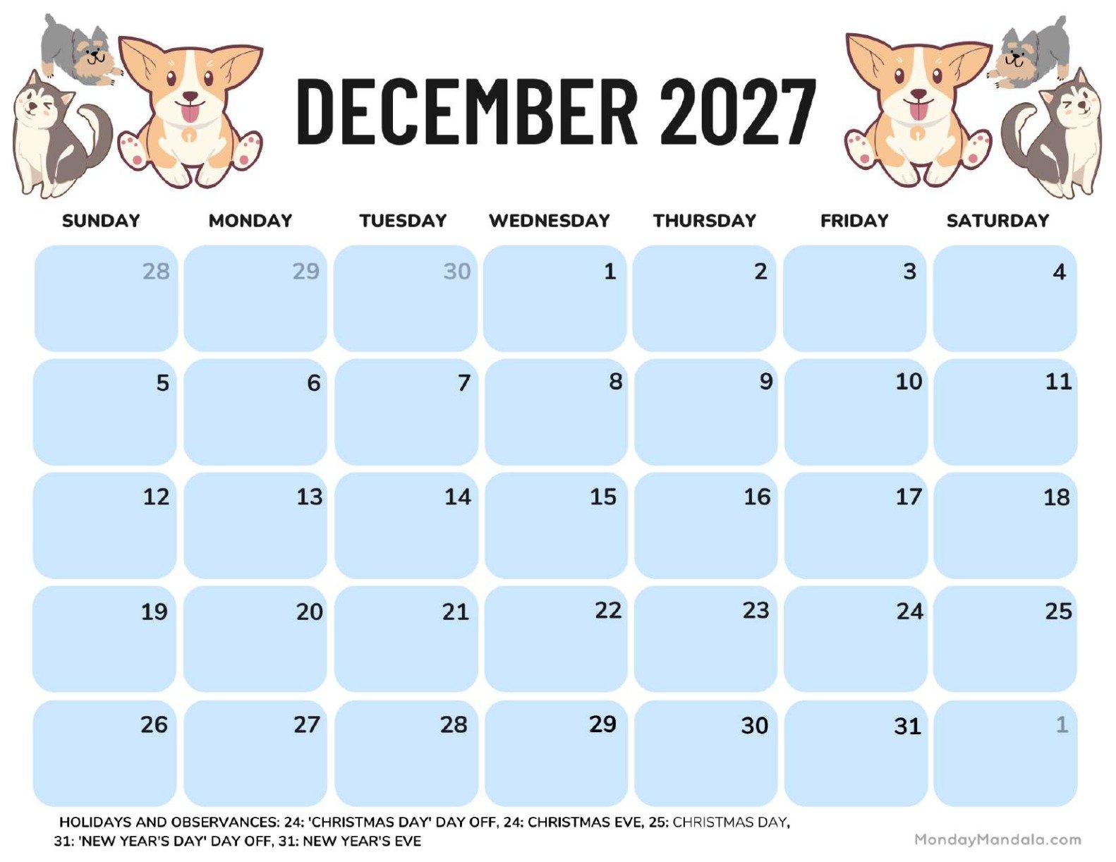 December 2027 Calendar Printable Dogs Landscape