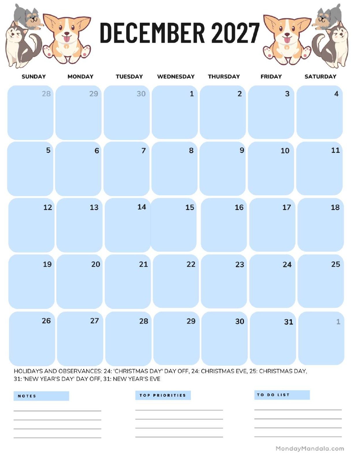 December 2027 Calendar Printable Dogs Portrait