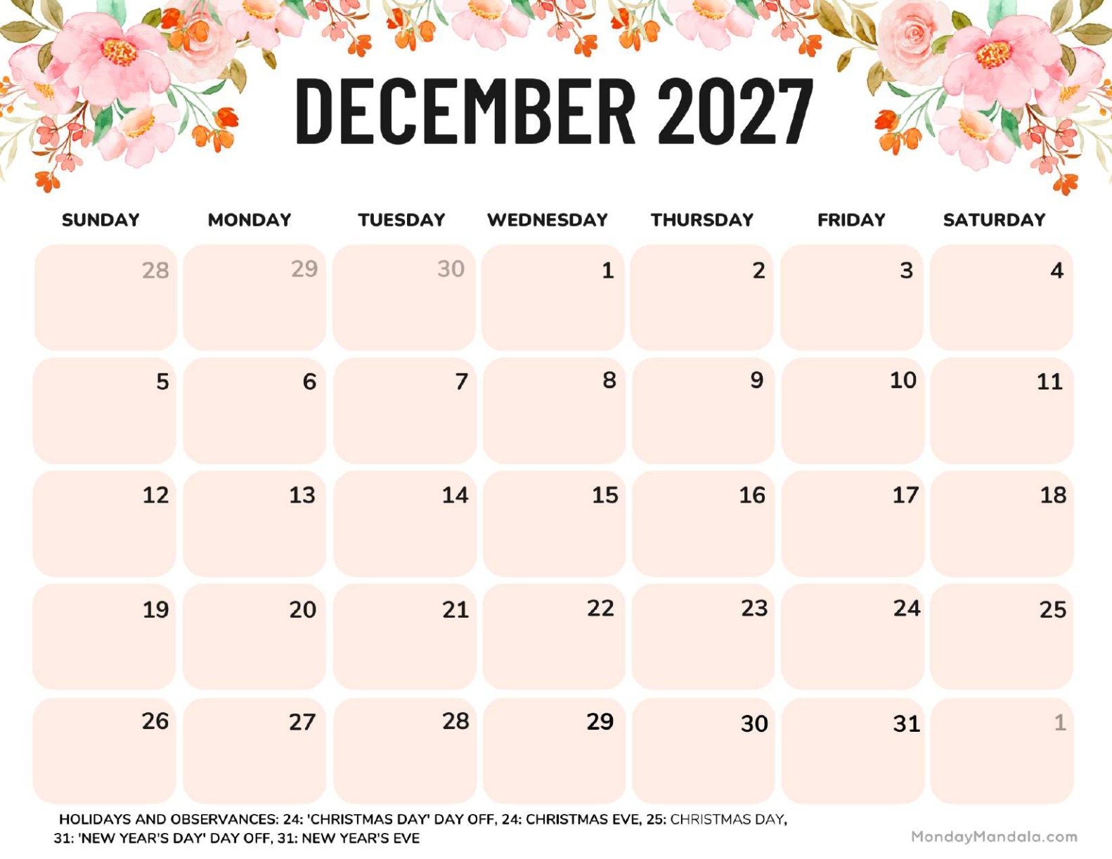 December 2027 Calendar Printable Flowers Landscape