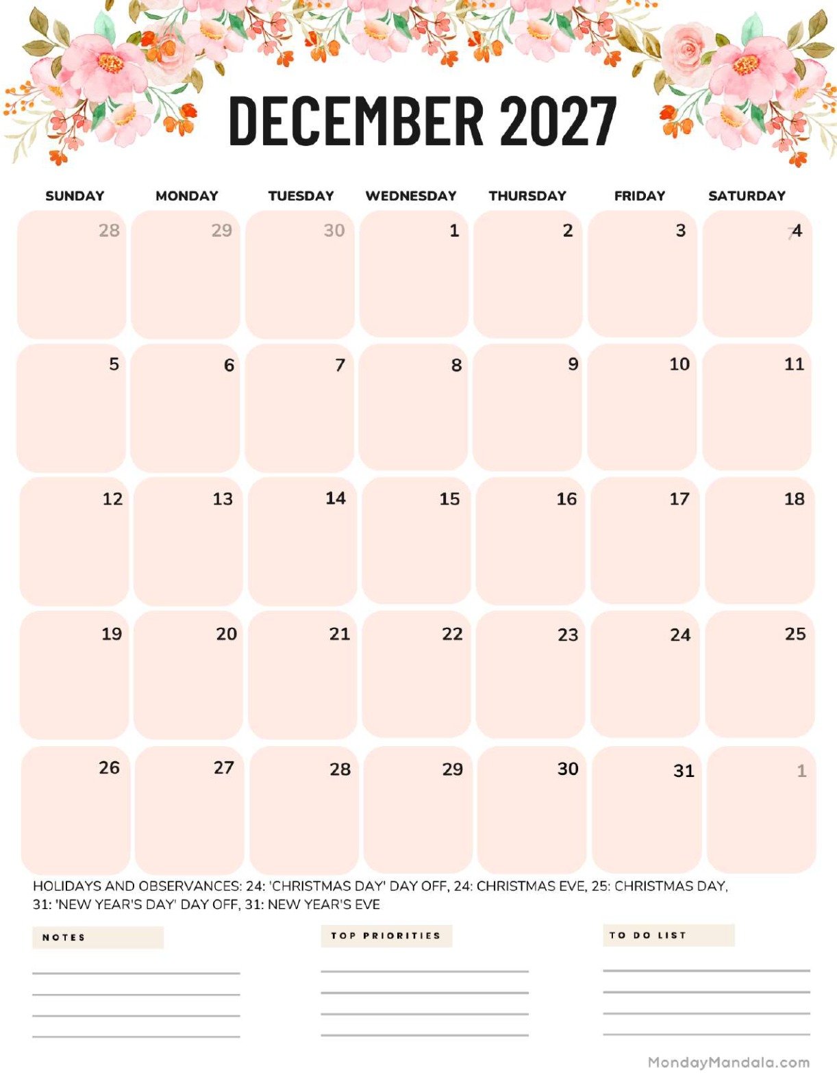 December 2027 Calendar Printable Flowers Portrait