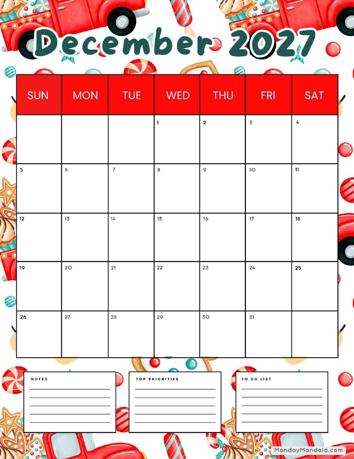 December 2027 Calendar Printable Gingerbread Portrait