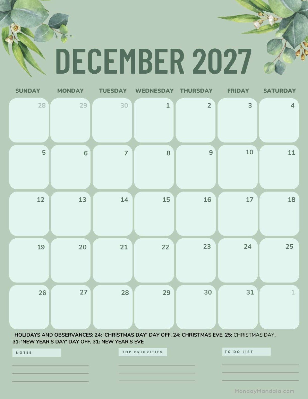 December 2027 Calendar Printable Green Portrait
