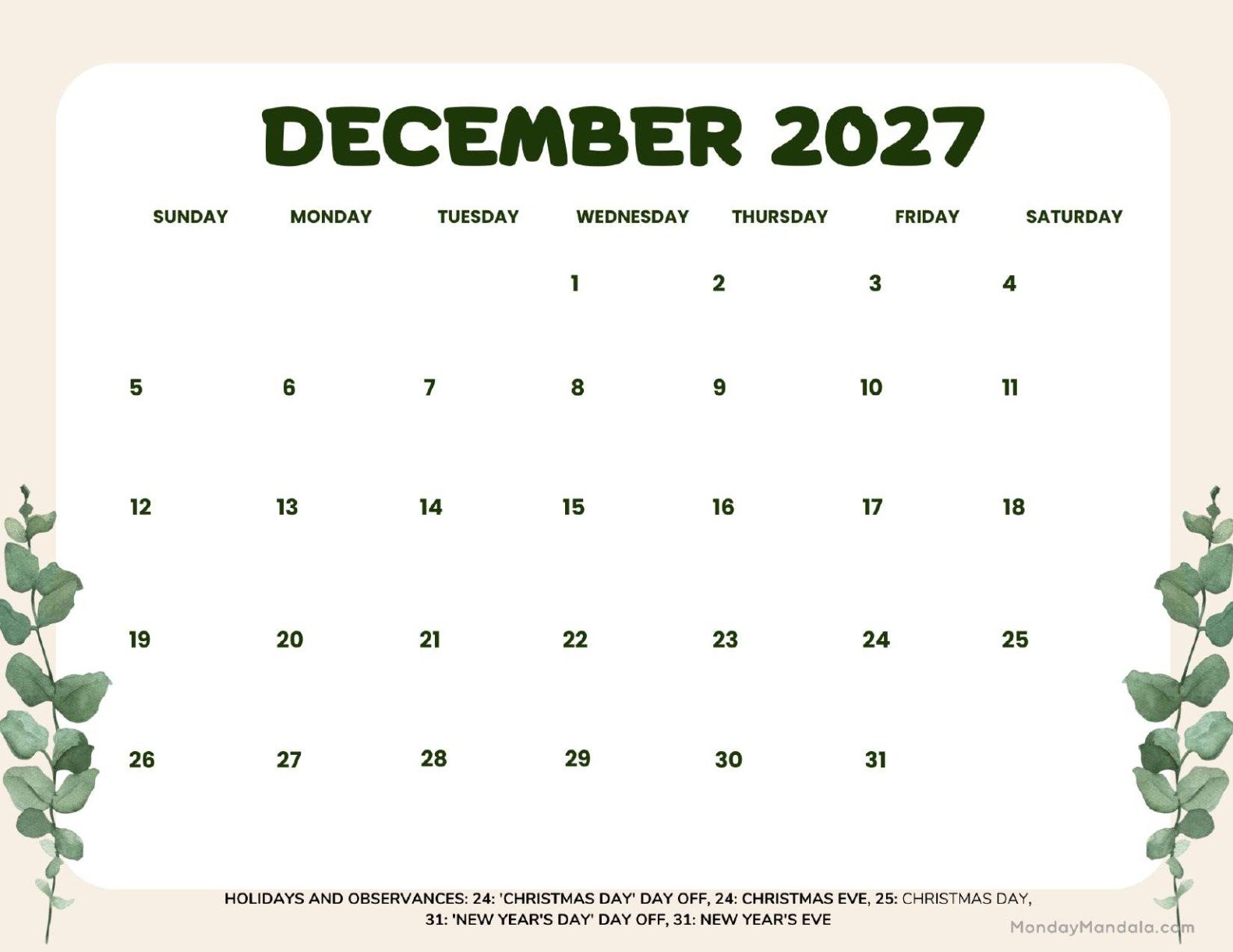 December 2027 Calendar Printable Leaves Landscape
