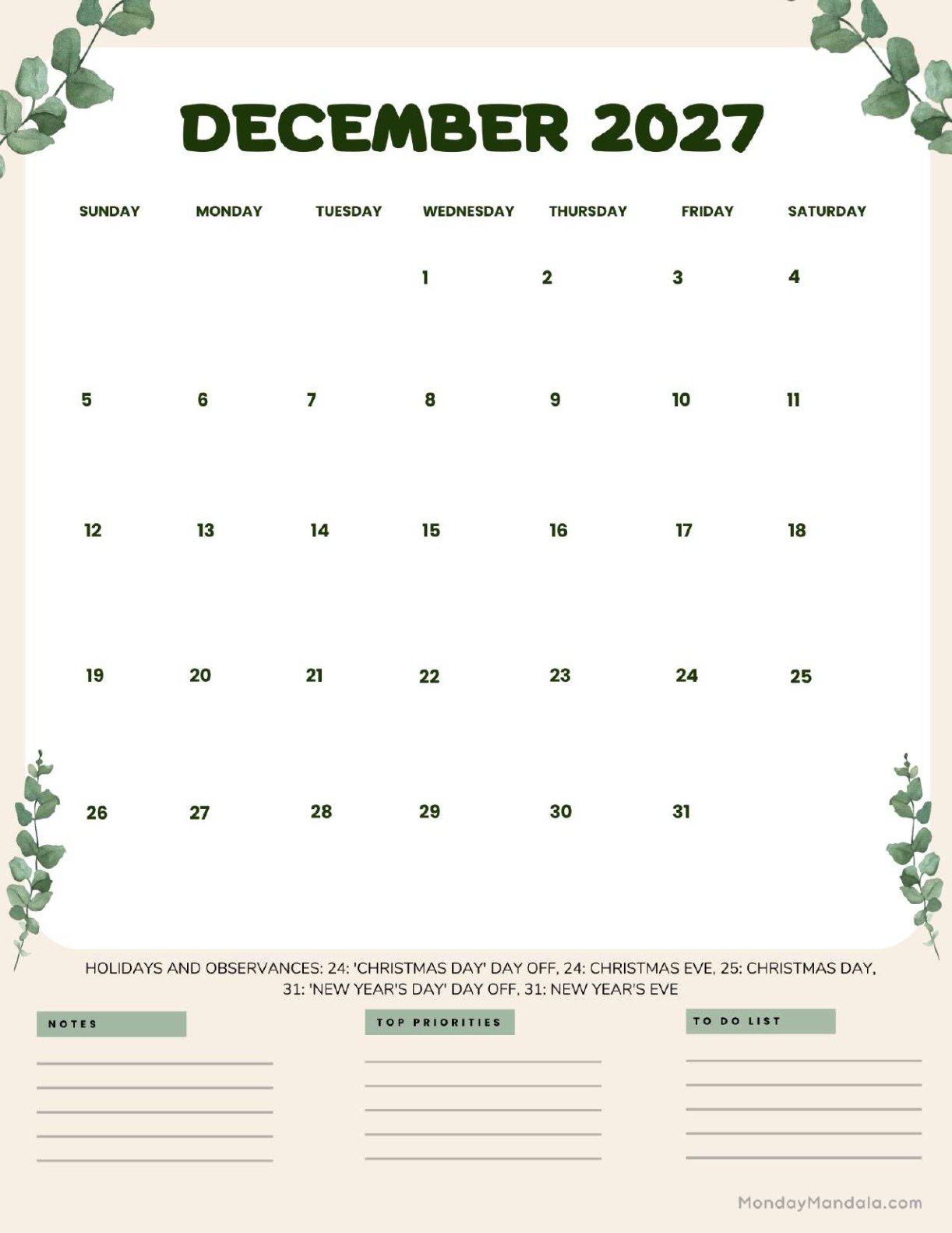 December 2027 Calendar Printable Leaves Portrait
