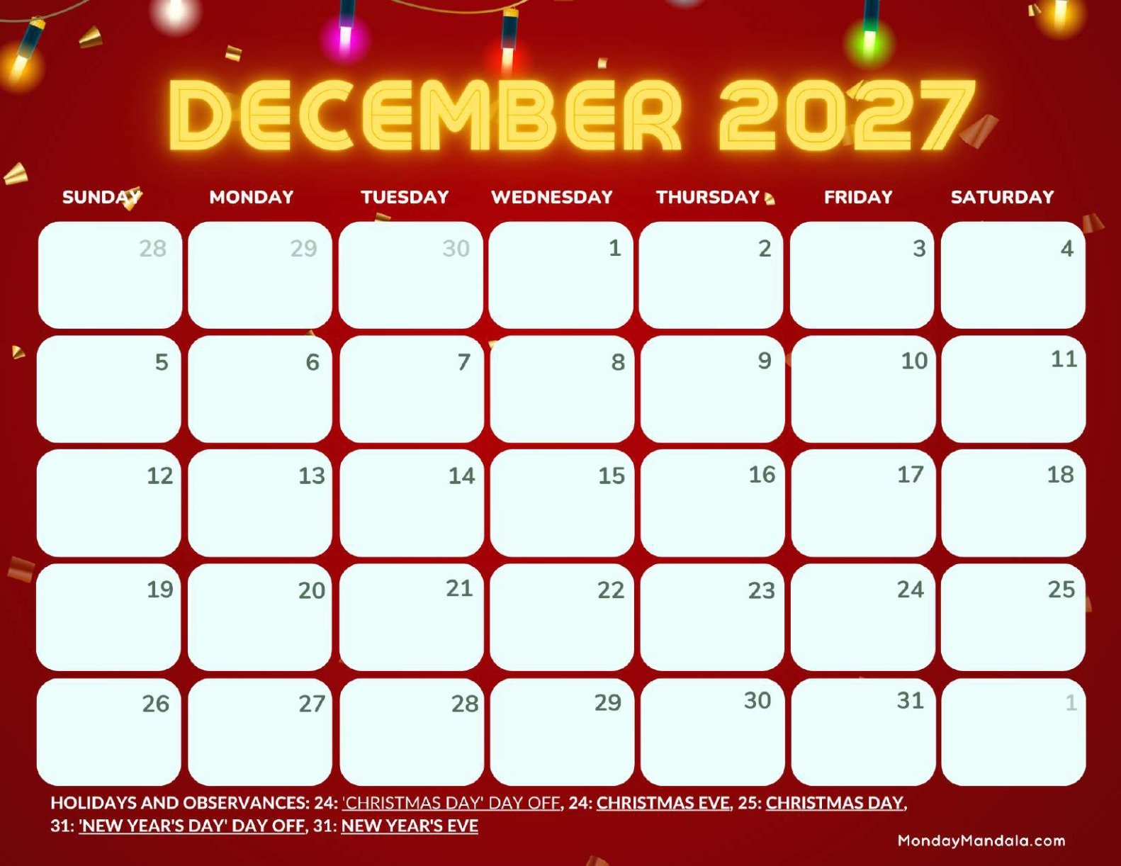 December 2027 Calendar Printable Lights Landscape
