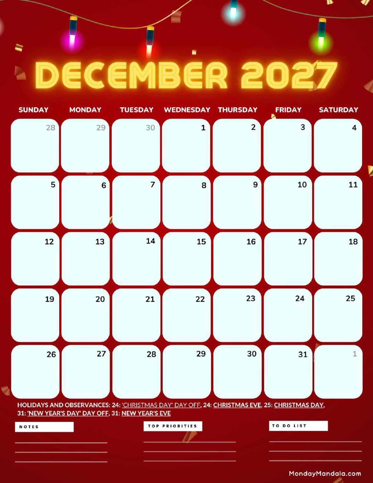 December 2027 Calendar Printable Lights Portrait