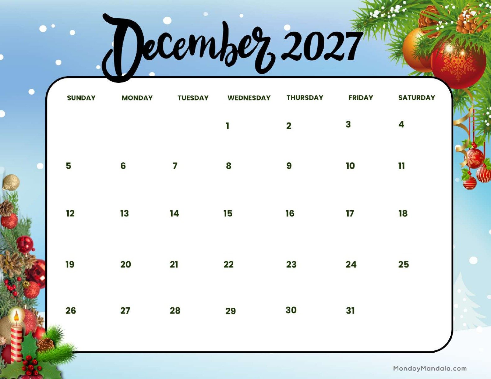 December 2027 Calendar Printable Mistletoe Landscape