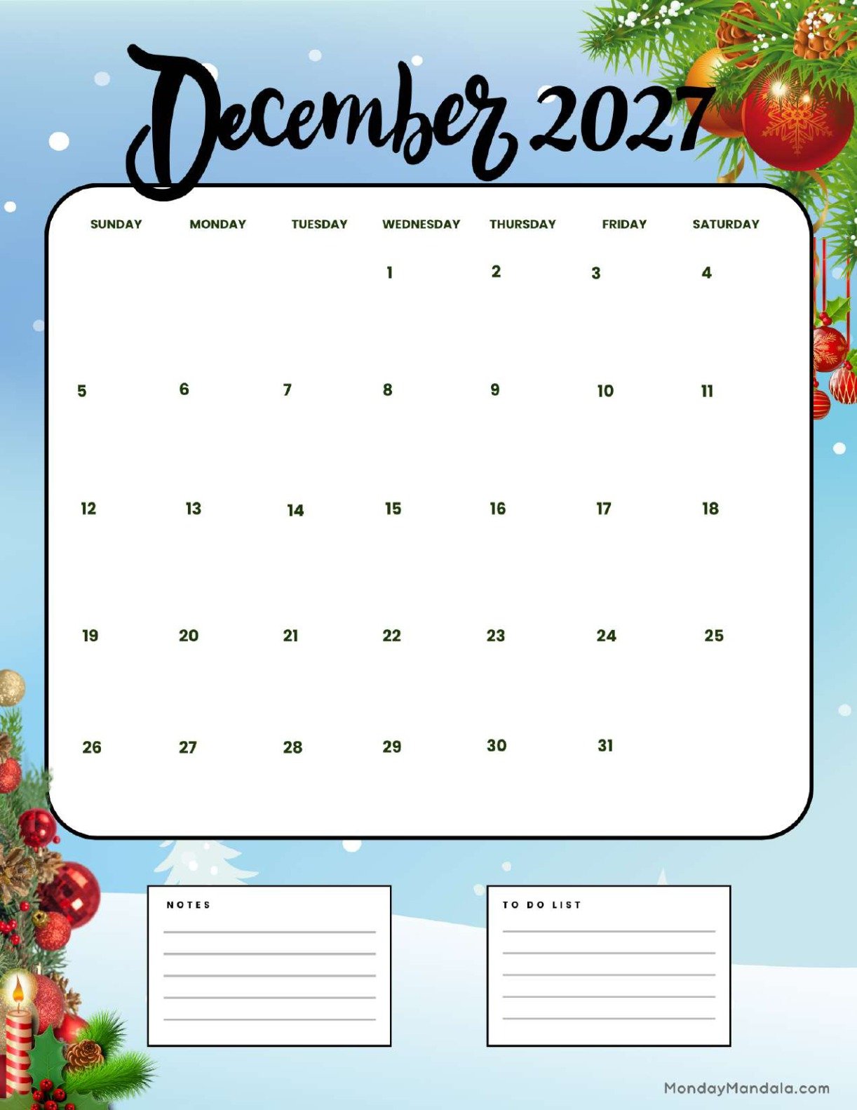 December 2027 Calendar Printable Mistletoe Portrait