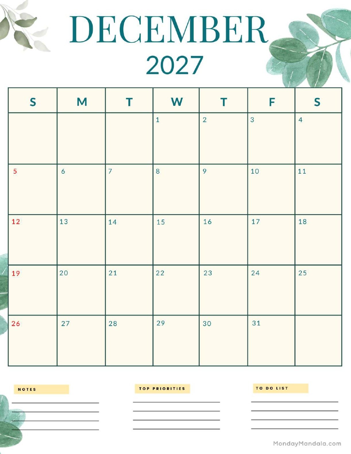 December 2027 Calendar Printable Nature Portrait