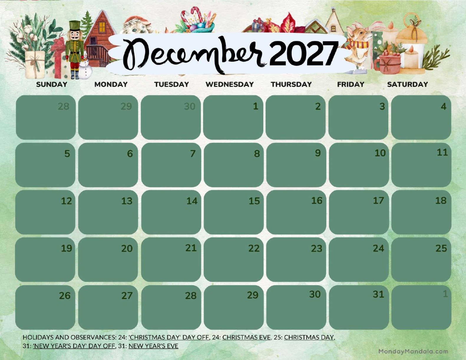 December 2027 Calendar Printable Presents Landscape