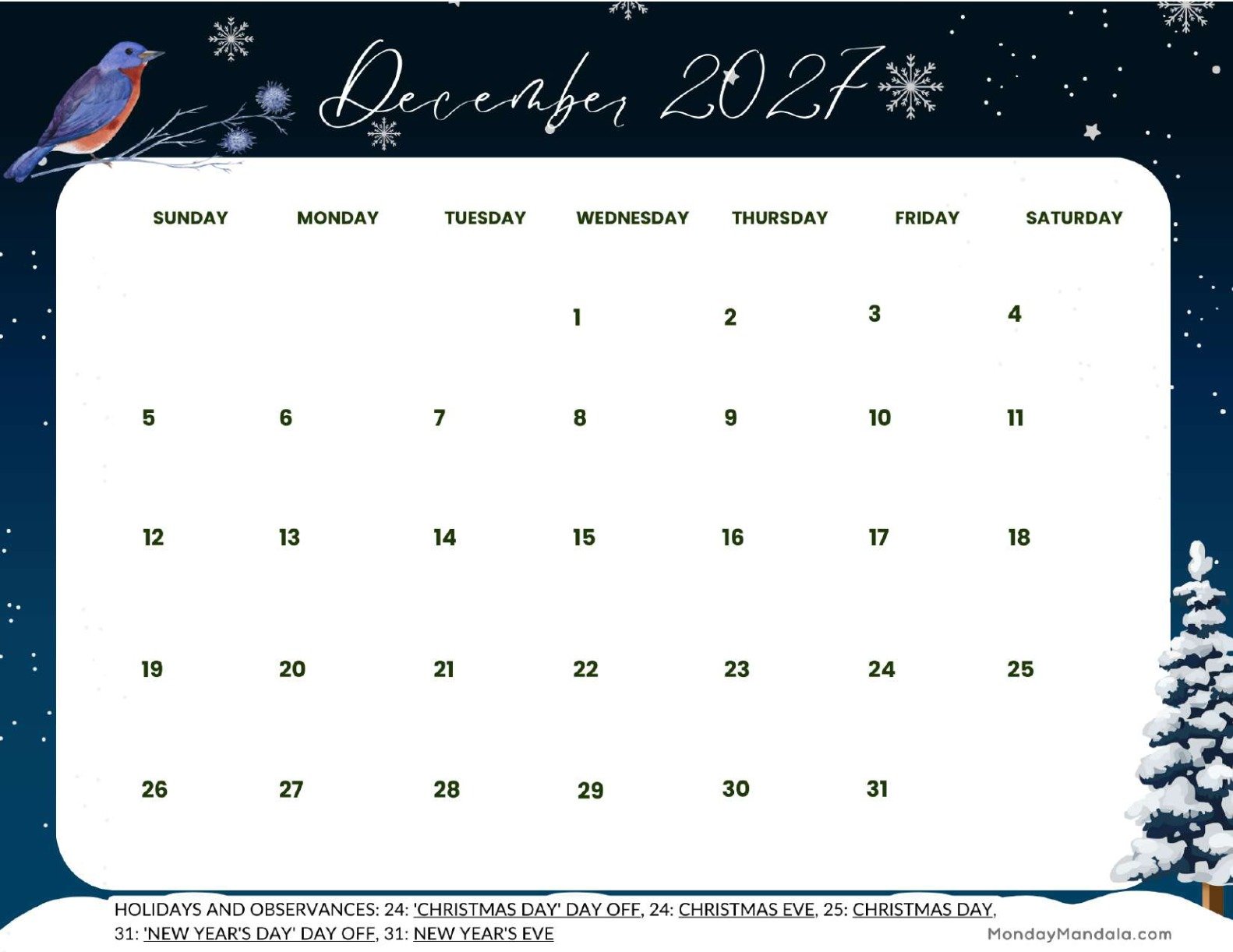December 2027 Calendar Printable Snow Landscape