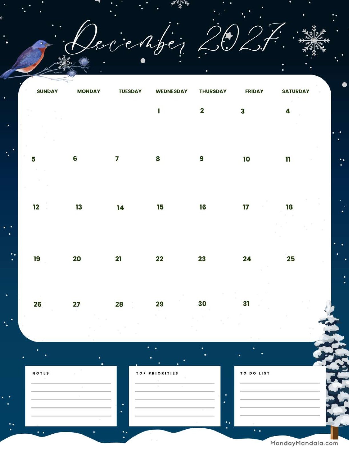 December 2027 Calendar Printable Snow Portrait