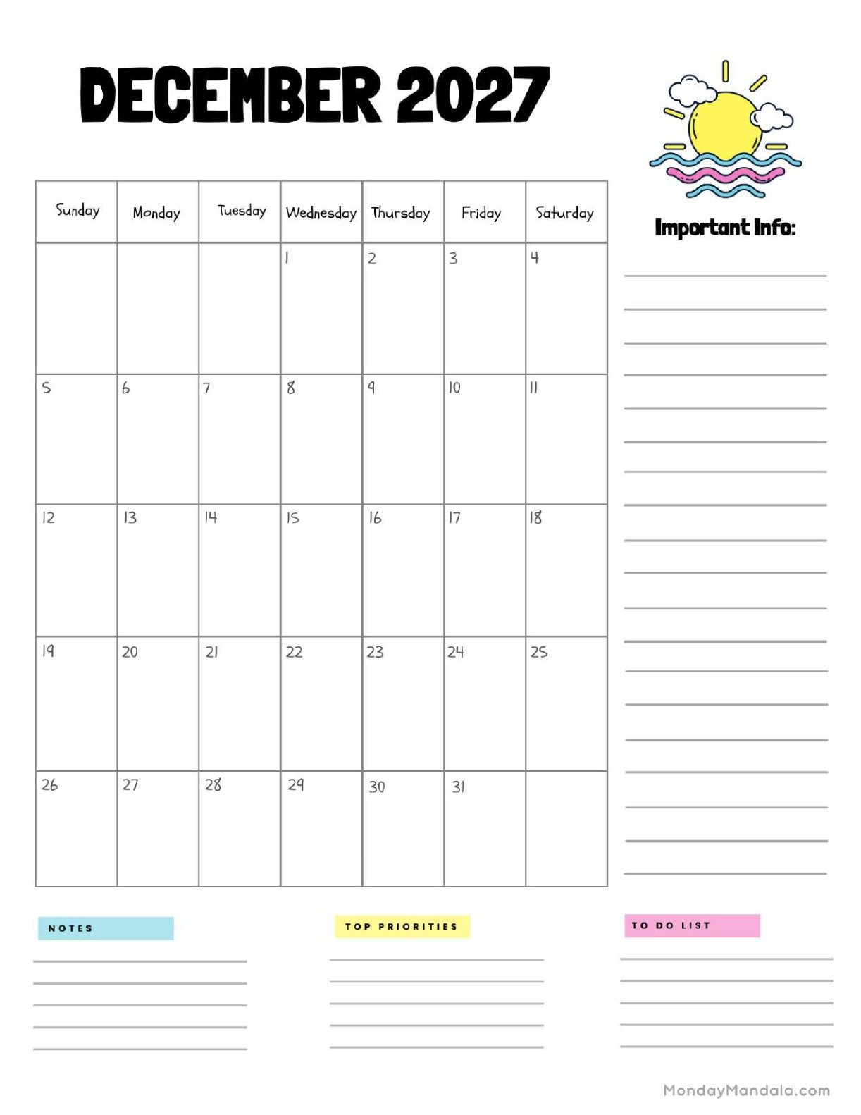 December 2027 Calendar Printable Sun Portrait