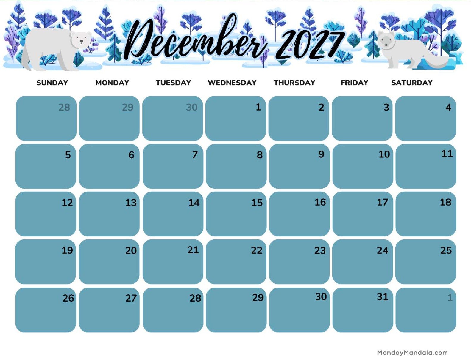 December 2027 Calendar Printable Winter Landscape