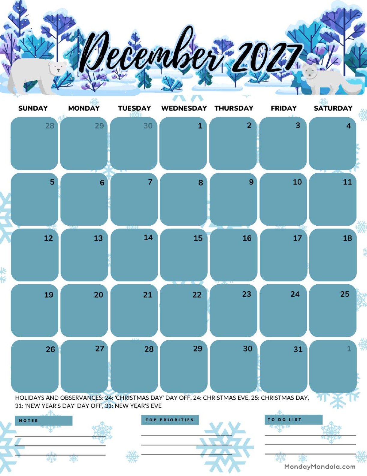 December 2027 Calendar Printable Winter Portrait