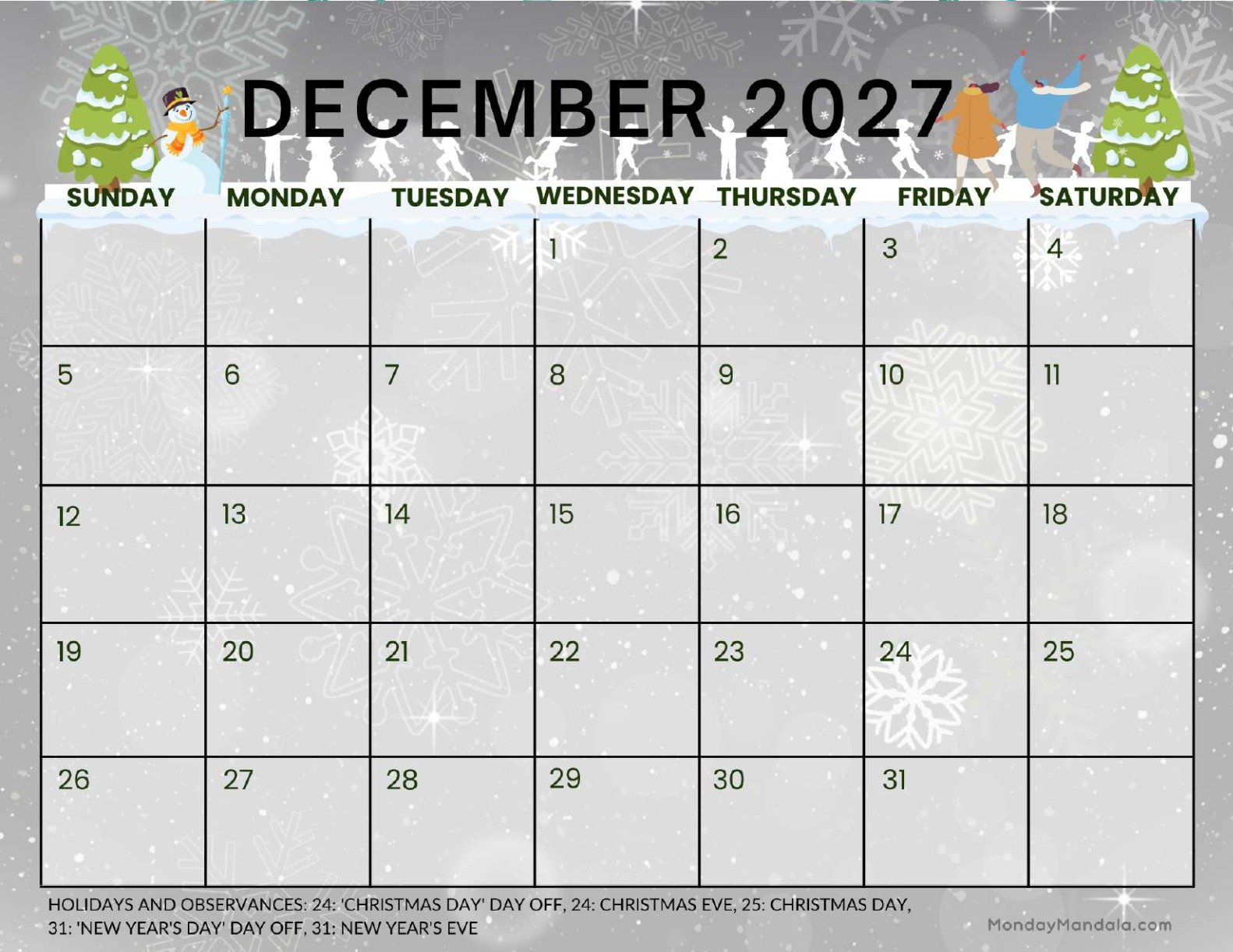 December 2027 Calendar Printable Wonderland Landscape