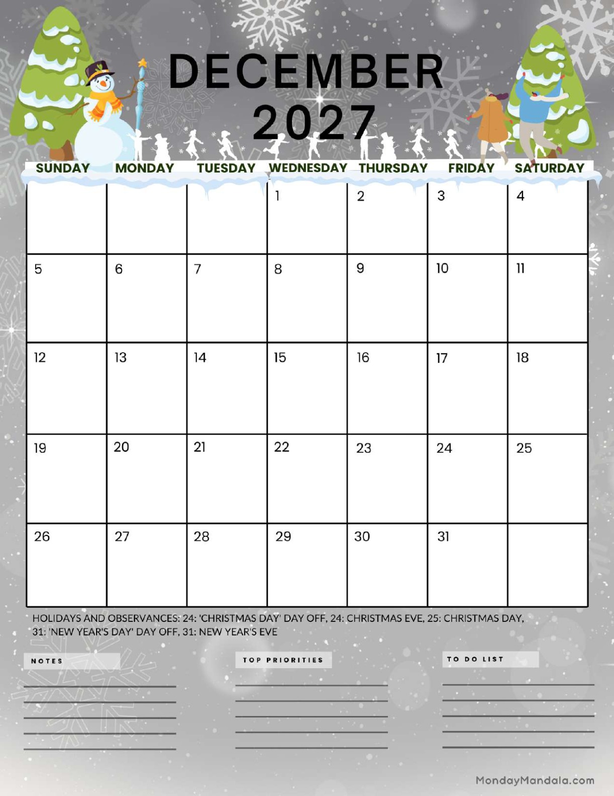 December 2027 Calendar Printable Wonderland Portrait