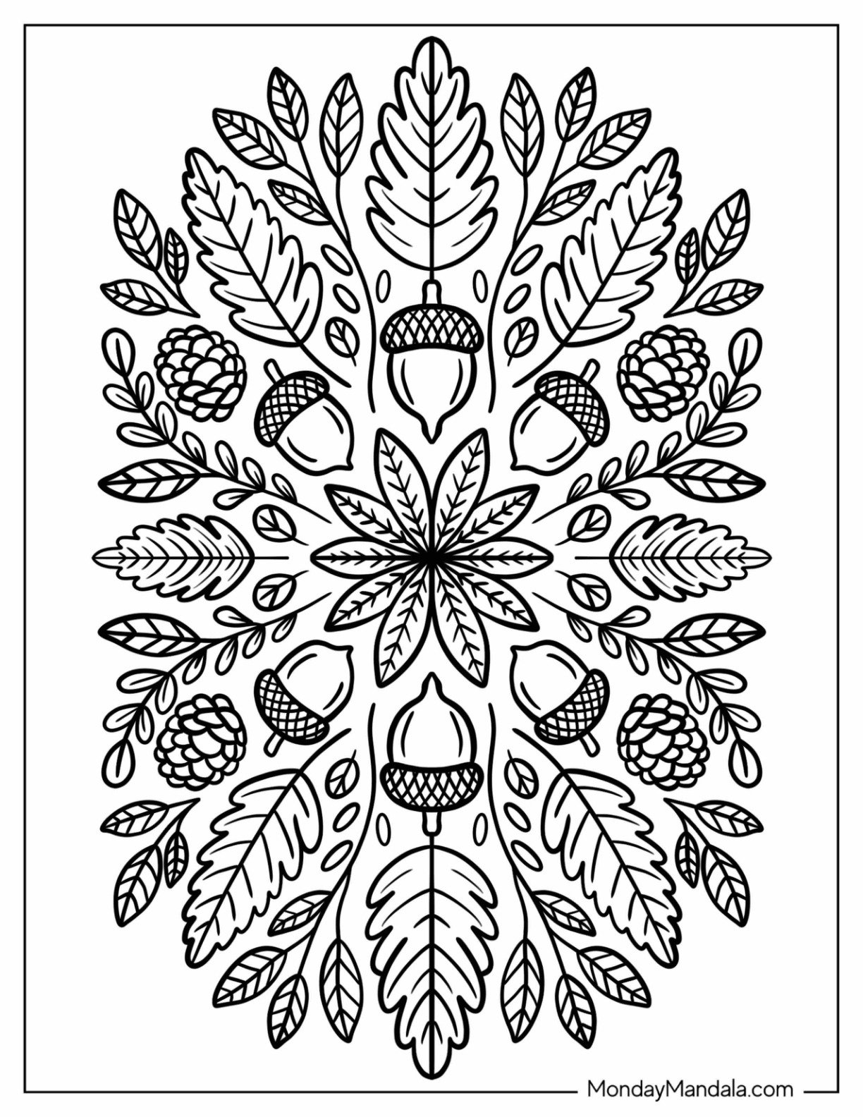 Autumn & Fall Coloring Page of Decorative Autumn Mandala with Forest Elements and Foliage