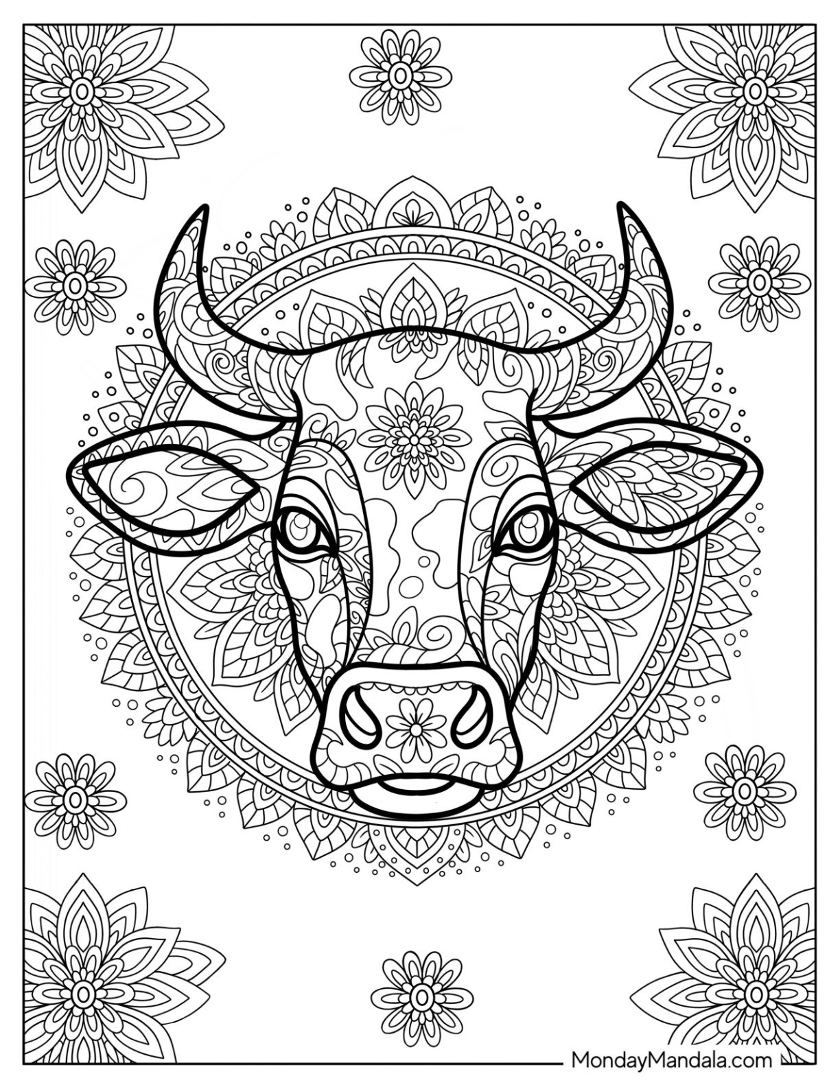 Decorative Cow Coloring Page Head With Mandala Flowers