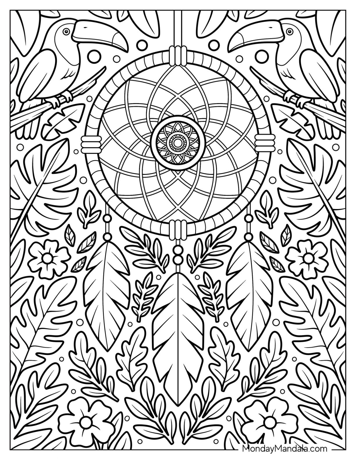 Decorative Dreamcatcher with Toucans and Tropical Leaves Jungle Coloring Page