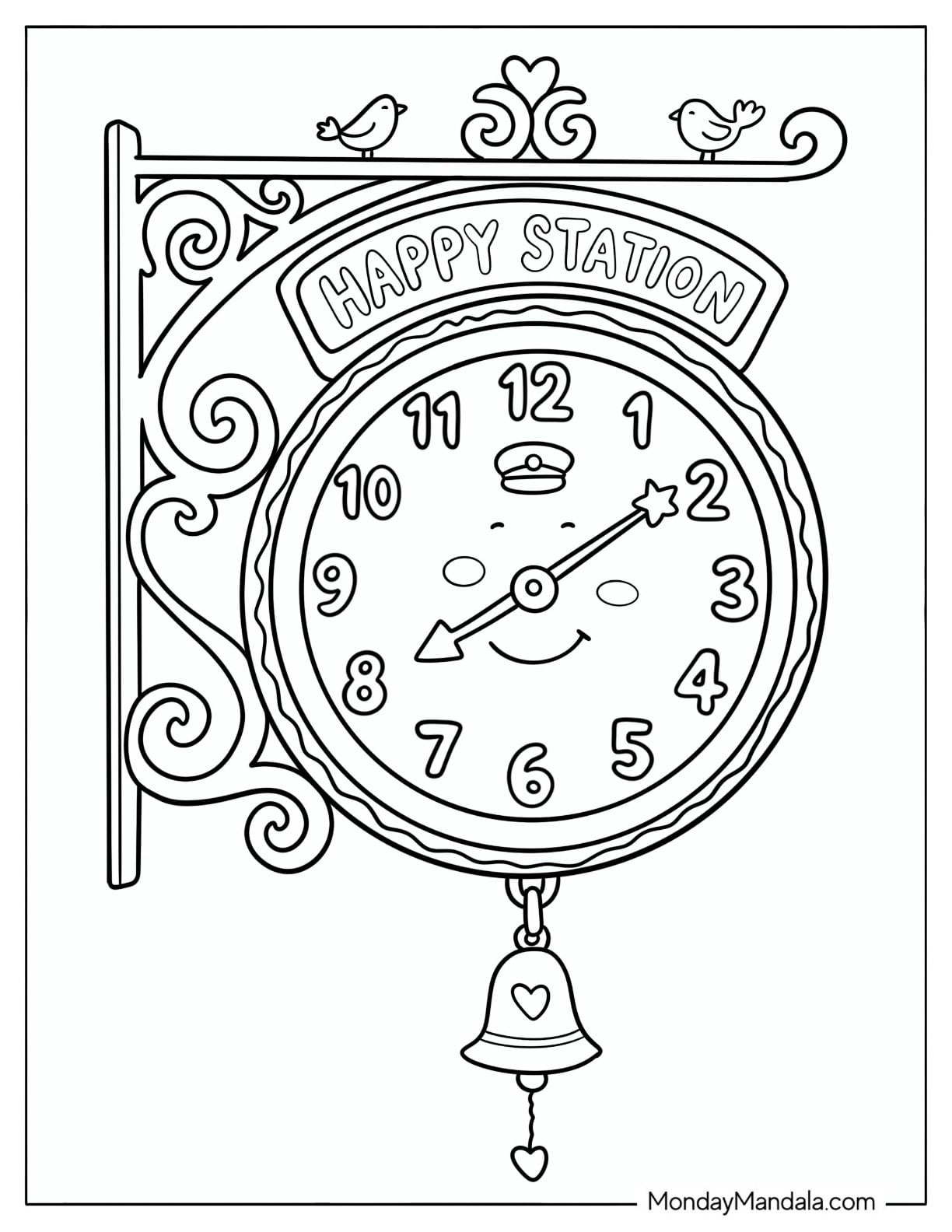Decorative Station Clock with Birds and a Hanging Bell