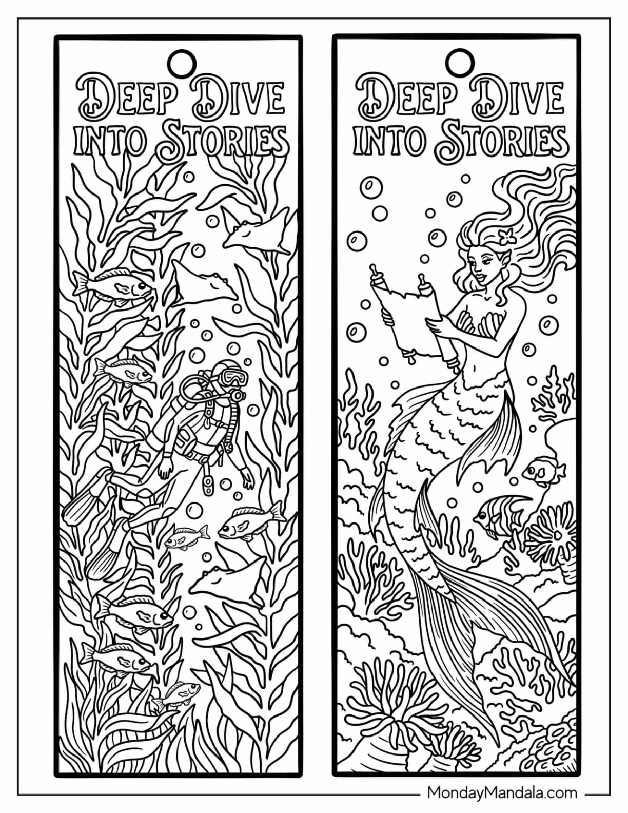 Deep Dive into Stories with Scuba Diver and Mermaid Bookmark Coloring Page