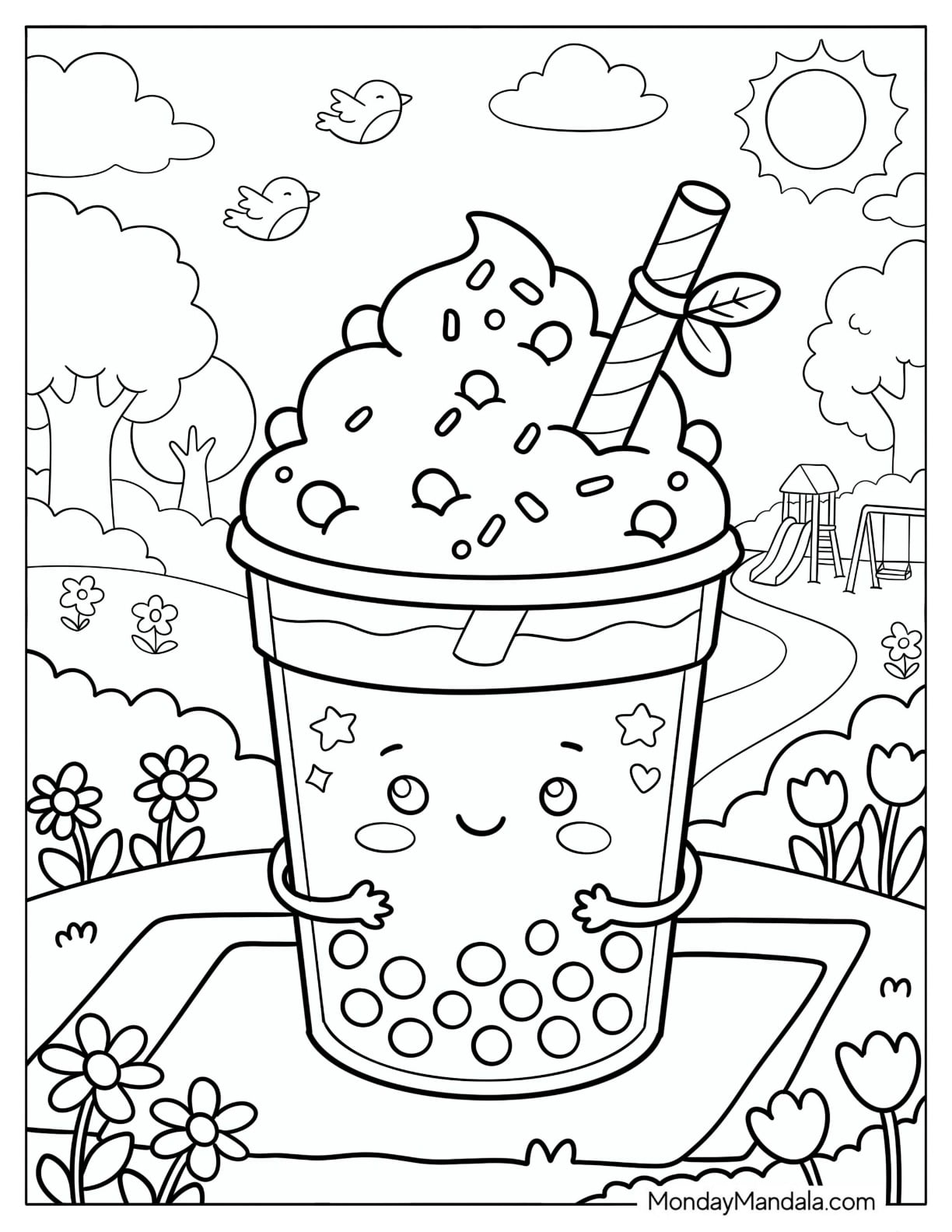 Delicious Boba Tea in a Park with a Flower Garden Coloring Page