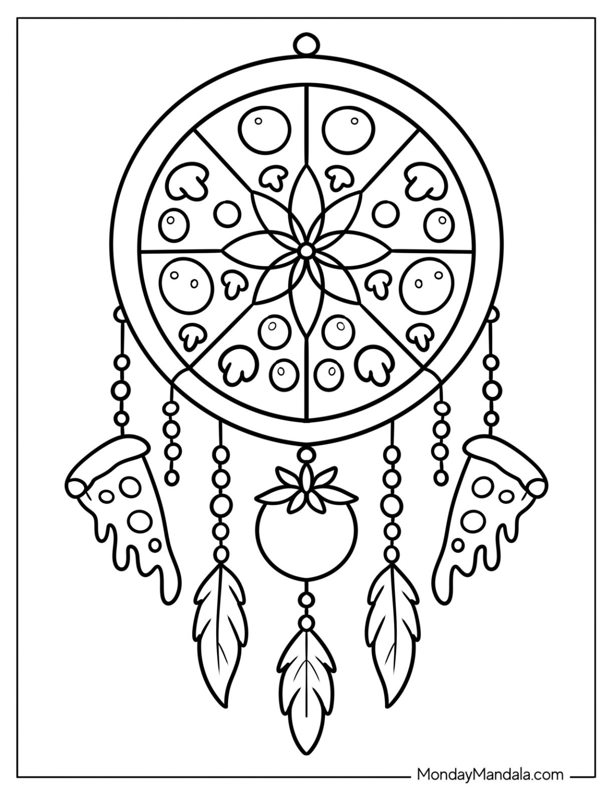 Delicious Pizza Coloring Page Dreamcatcher with Hanging Pizza Slices and Tomato