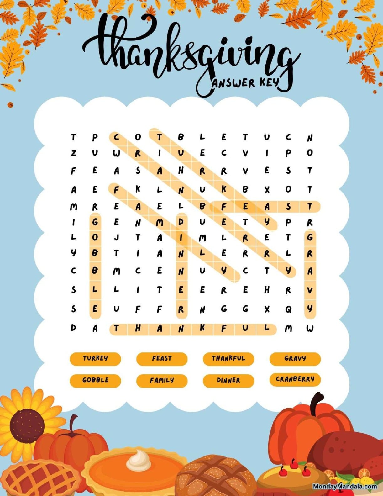 Delicious Thanksgiving Word Search Answer Key